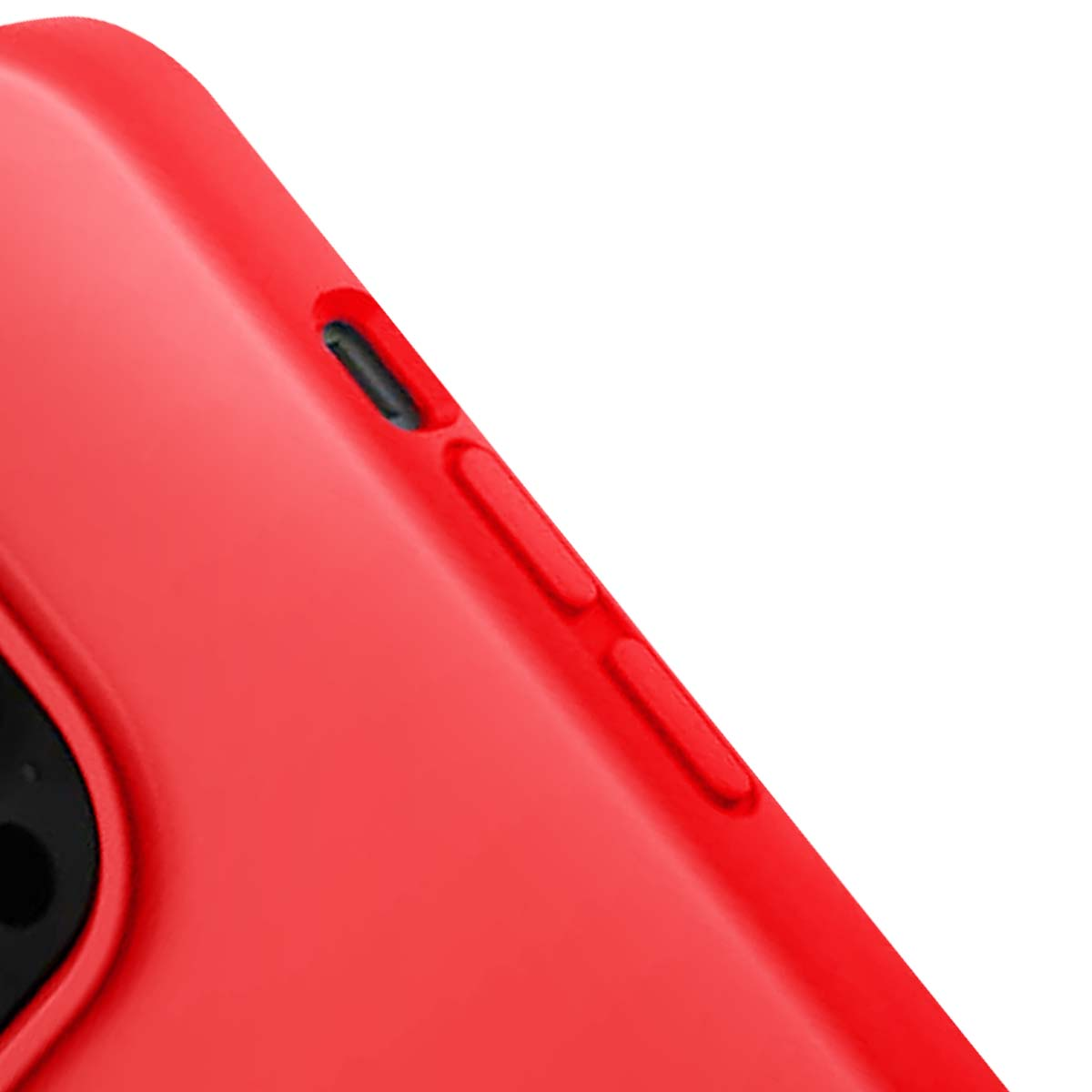 Primo piano di una custodia rossa per telefono. La custodia ha dei pulsanti laterali e un obiettivo della fotocamera nell'angolo in basso a sinistra.