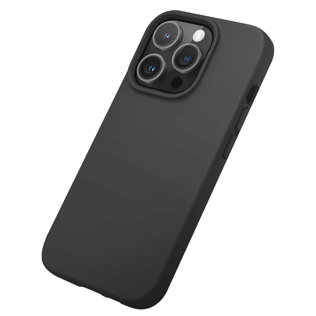 Una custodia nera per smartphone, con tre lenti della fotocamera. La custodia è angolata, mostrando il lato con i pulsanti e il retro.