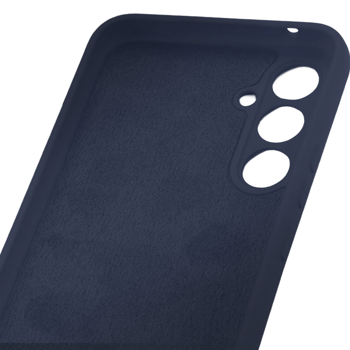 Custodia per telefono blu scuro. Ha tre fori circolari per la fotocamera e un foro più piccolo sopra. La superficie ha un aspetto strutturato.