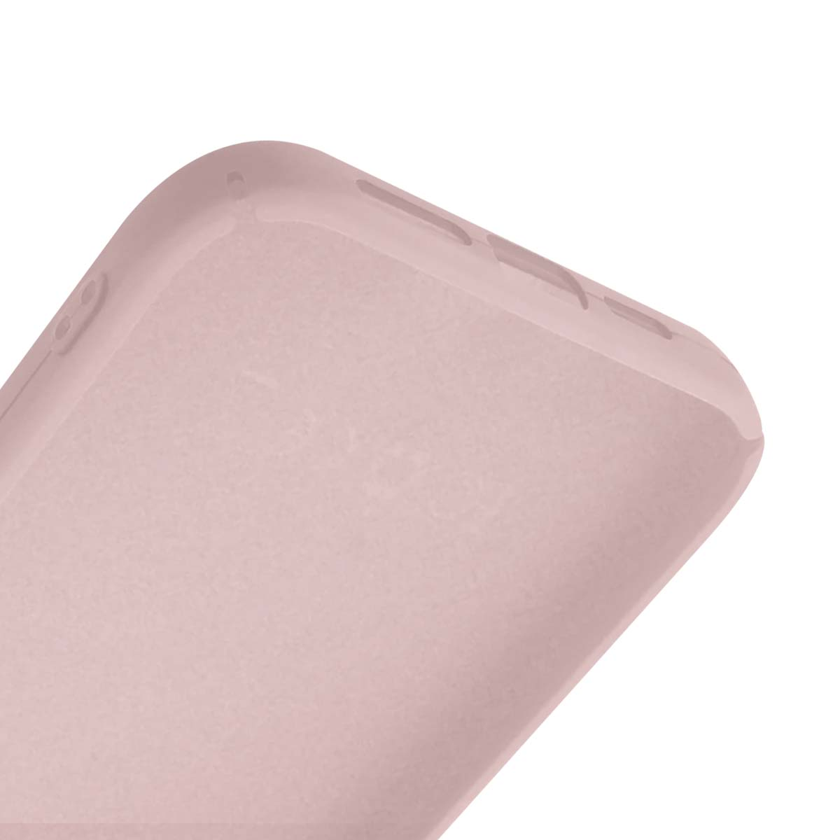 Primo piano di una custodia per telefono rosa chiaro. La custodia ha bordi arrotondati e ritagli laterali. Lo sfondo è bianco.