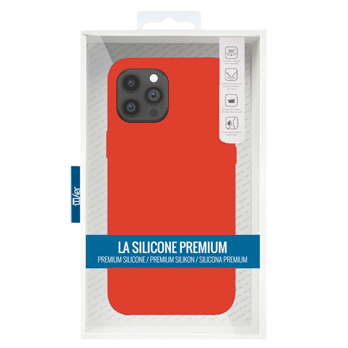 Una custodia rossa per telefono in una scatola. Il testo recita 'LA SILICONE PREMIUM'. La scatola mostra le funzionalità del telefono.
