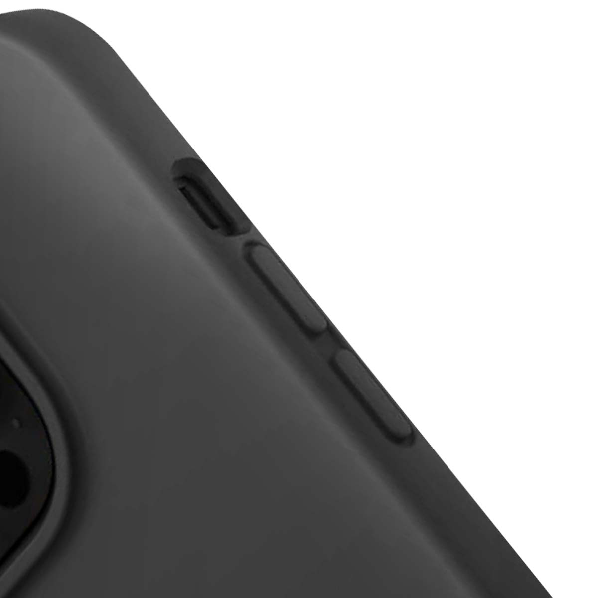 Primo piano di una custodia per telefono nera. Il lato ha pulsanti e un obiettivo della fotocamera. Lo sfondo è bianco.