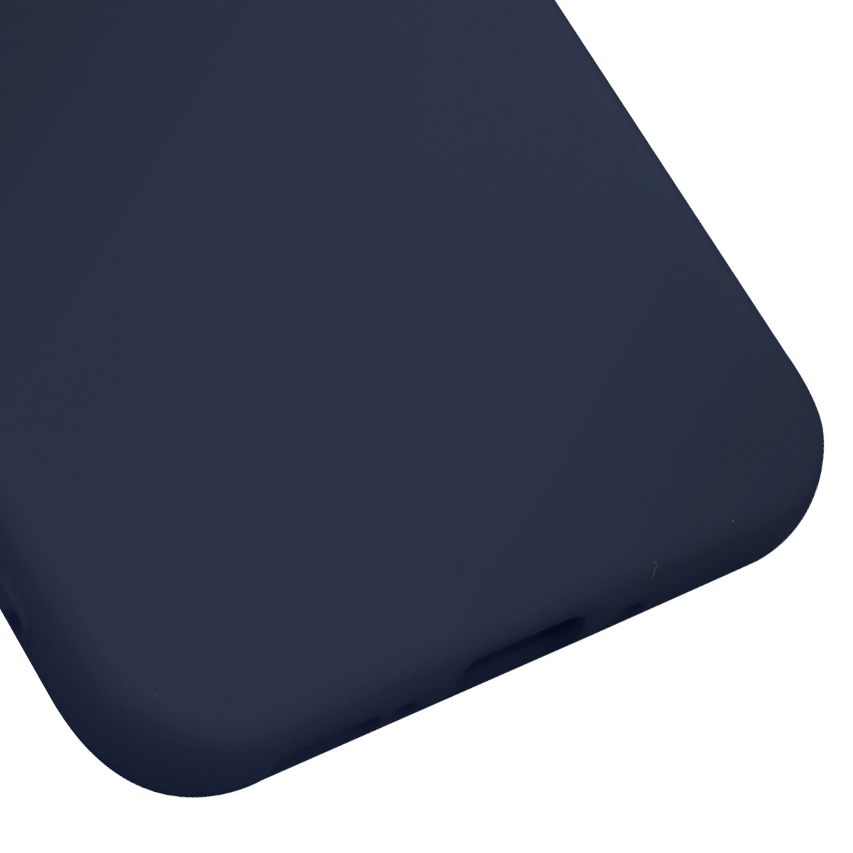 Primo piano di una custodia per telefono blu navy. La custodia è liscia e leggermente arrotondata. Sfondo bianco.