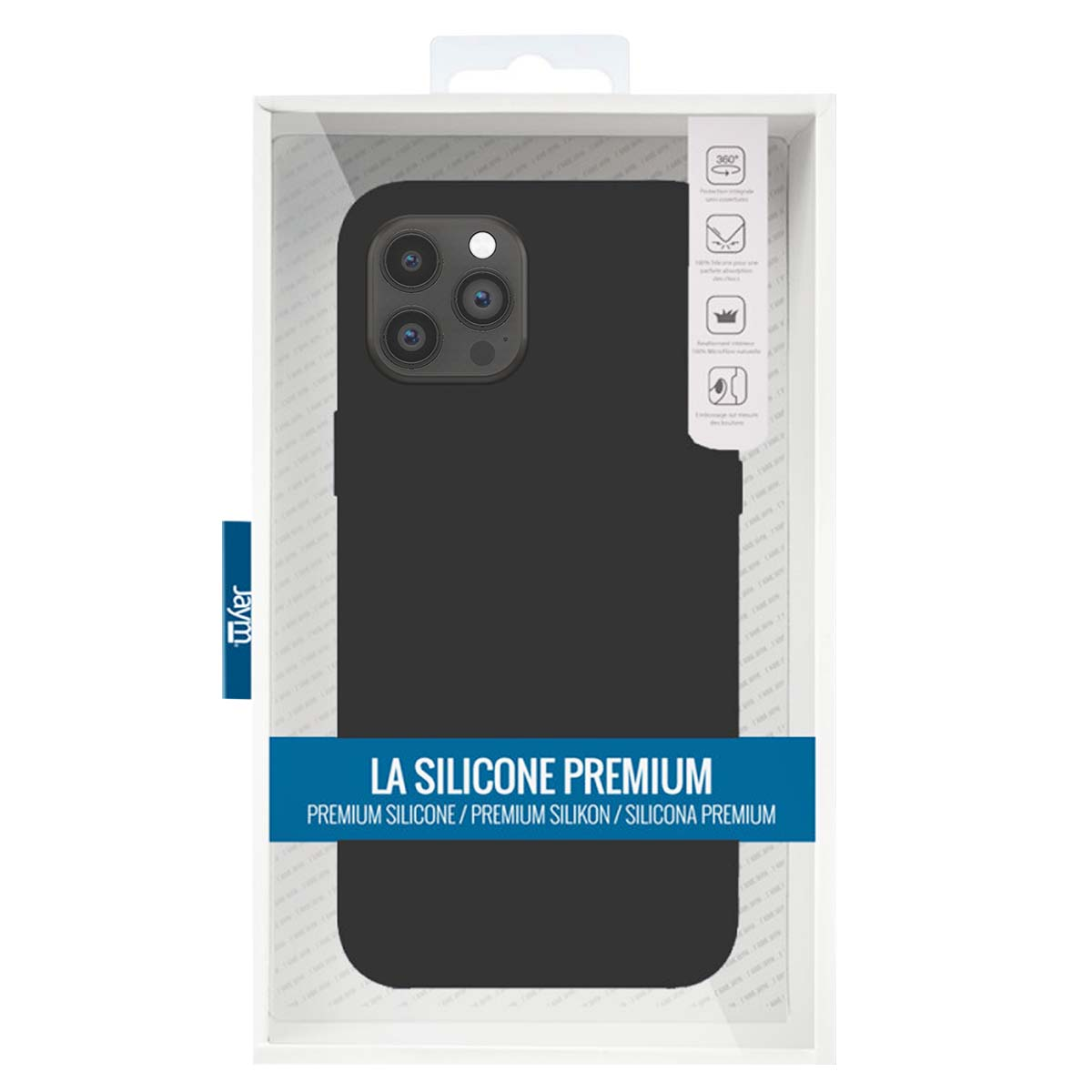 Una custodia nera per telefono è esposta in una scatola di plastica trasparente. La custodia ha tre fori per la fotocamera. Il testo recita 'LA SILICONE PREMIUM' e 'Jaym'.
