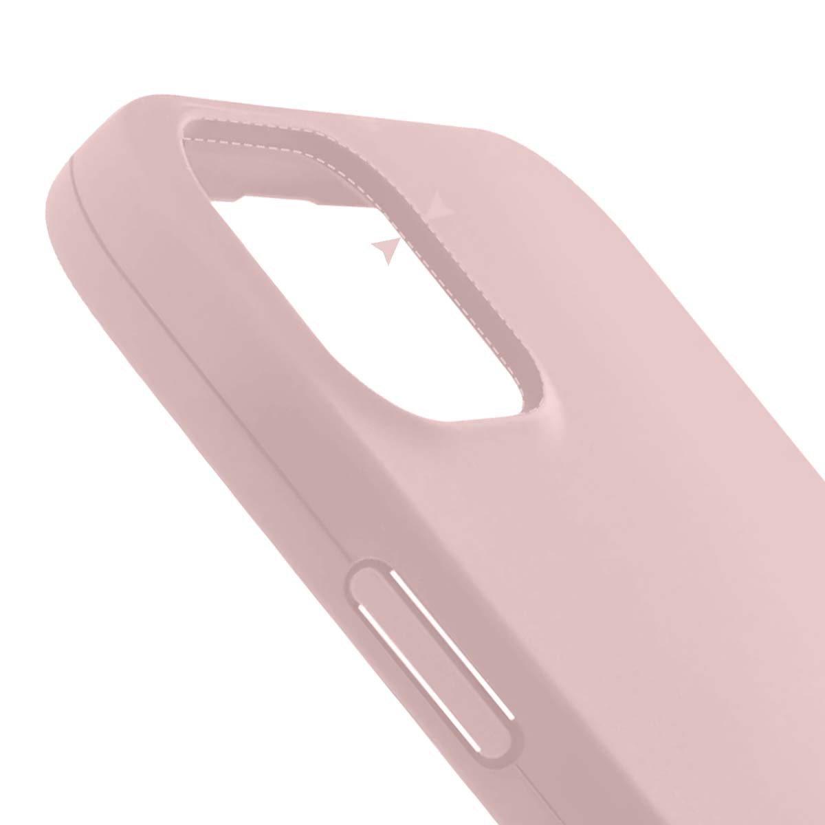 Primo piano di una custodia per telefono rosa chiaro con ritaglio per fotocamera e fessura per pulsante. Dettagli includono cuciture e consistenza liscia.