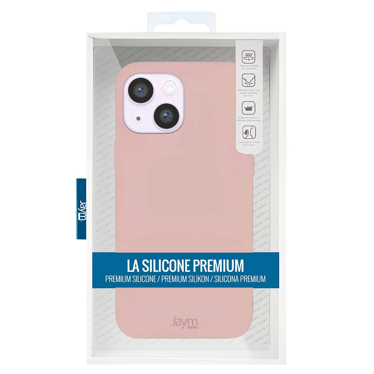 Una custodia rosa per telefono in una scatola. La scatola ha del testo e la fotocamera del telefono è visibile. Il marchio è Jaym.