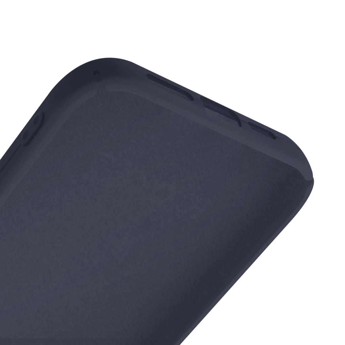 Primo piano di una custodia per telefono blu scuro. La custodia ha una texture liscia e angoli arrotondati. Lo sfondo è bianco.