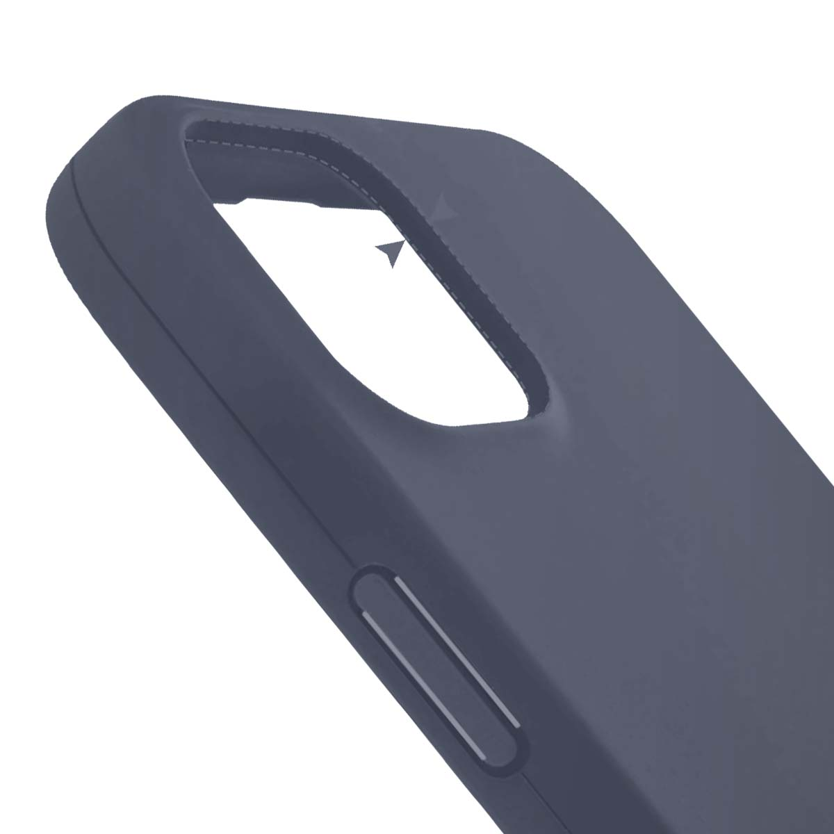 Una custodia per telefono grigio scuro. Ha un ritaglio per la fotocamera e una maniglia curva. Lo sfondo è bianco.