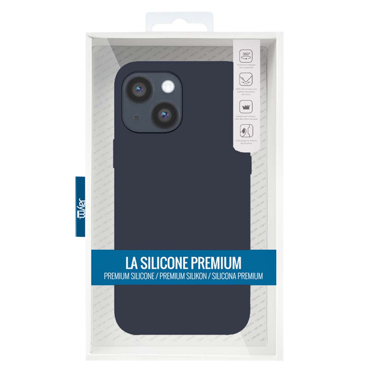 Una custodia per telefono blu scuro in una scatola. La scatola è bianca con testo e icone sul lato. La custodia ha due ritagli per la fotocamera.