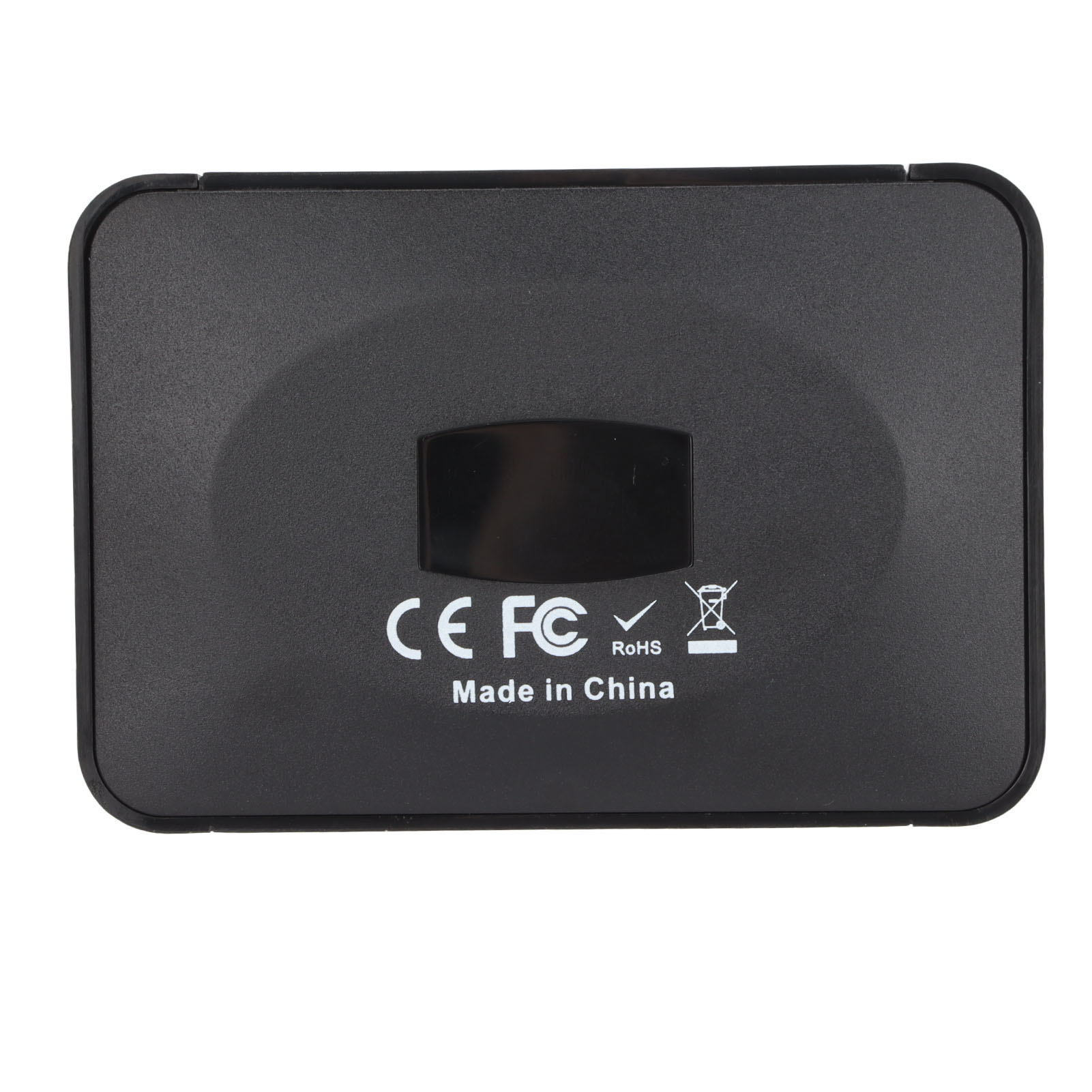 Schwarzes rechteckiges Gerät mit abgerundeten Kanten. Es hat CE-, FC-, RoHS-Kennzeichnungen und Text 'Made in China'.