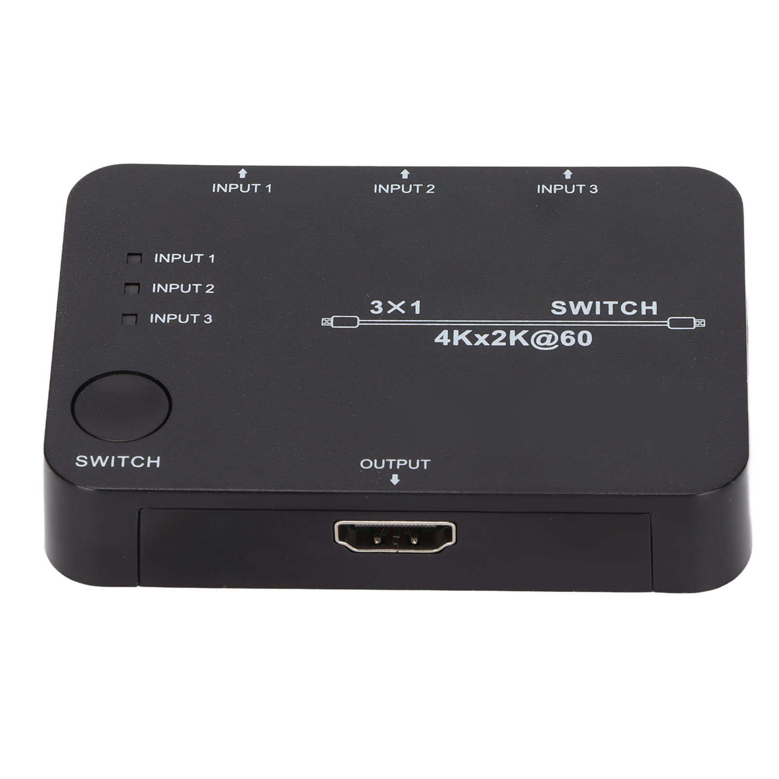 Schwarzer HDMI-Switch-Box mit Eingangs-/Ausgangsbezeichnungen. Verfügt über drei Eingangs- und einen Ausgangsport. Hat eine Umschalttaste.