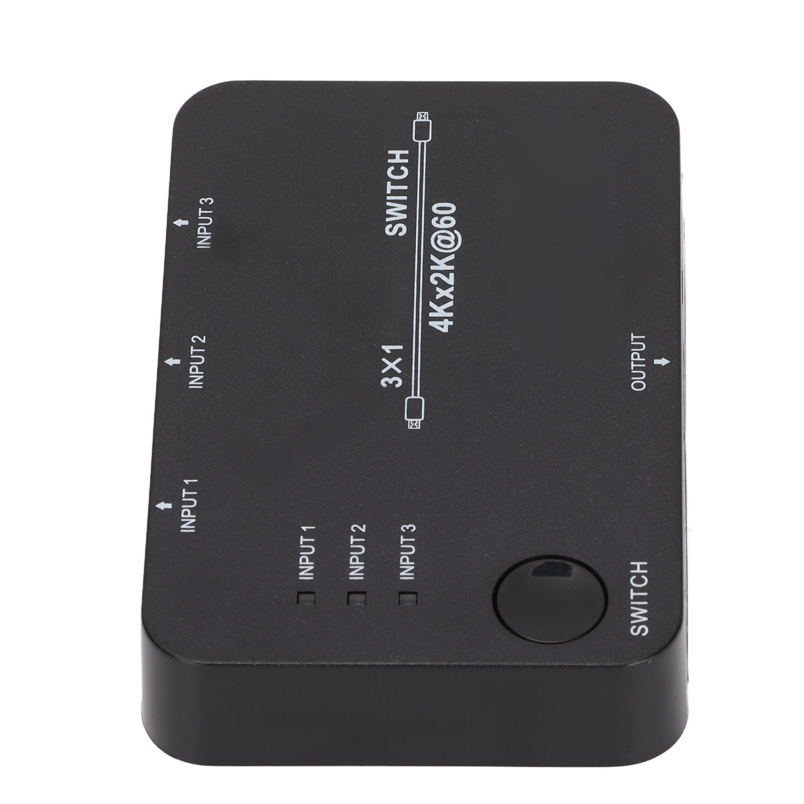 Schwarzer HDMI-Switch mit Eingangs- und Ausgangsbeschriftungen, einer Umschalttaste und dem Text '4Kx2K@60'.