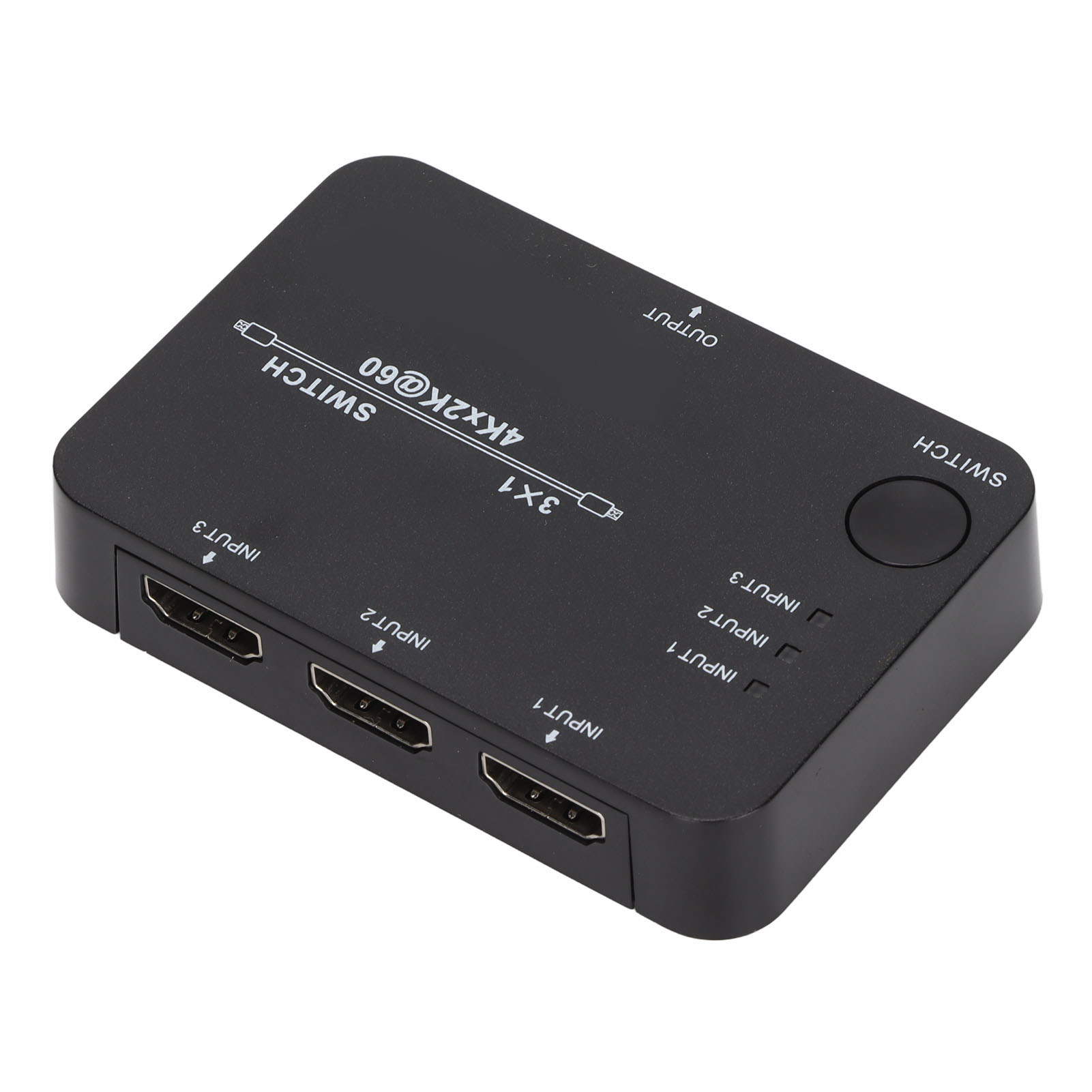 Ein schwarzer HDMI-Switch mit Eingangs- und Ausgangsanschlüssen. Auf dem Gerät steht 'SWITCH', '4Kx2K@60' und '3x1'.