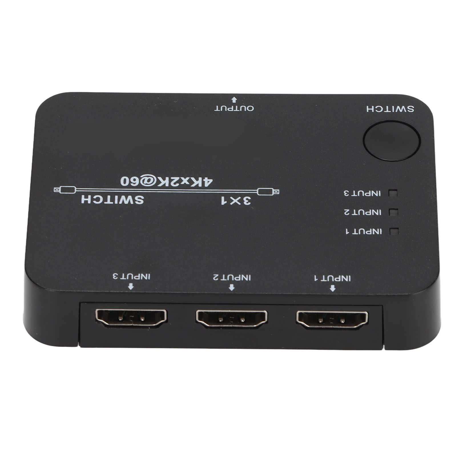 Schwarzer HDMI-Switch mit drei Eingängen, einem Ausgang und einer Umschalttaste. Mit Eingangs- und Ausgangsbeschriftungen.
