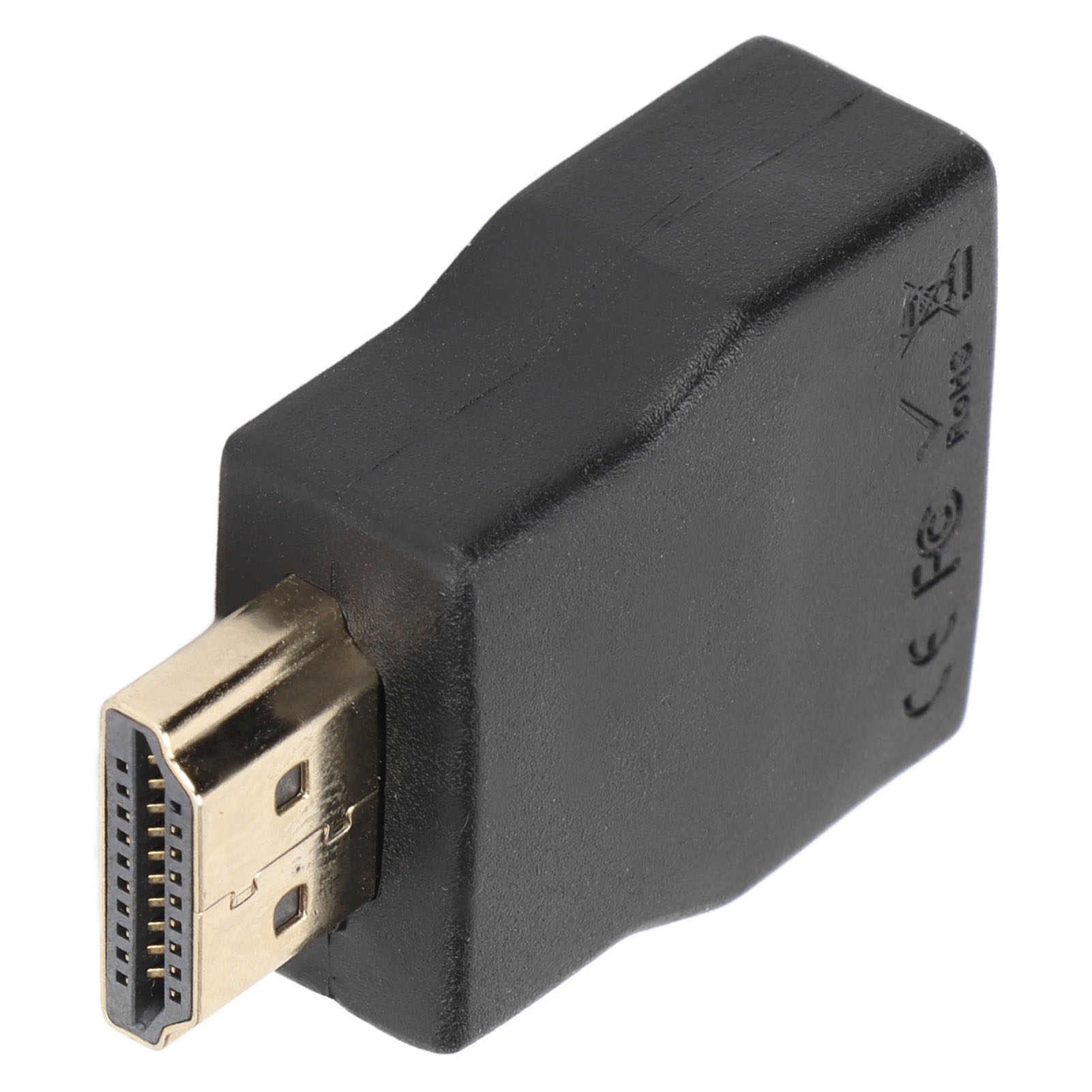 Ein HDMI-zu-DisplayPort-Adapter. Der Körper ist schwarz, mit einem goldenen Stecker.