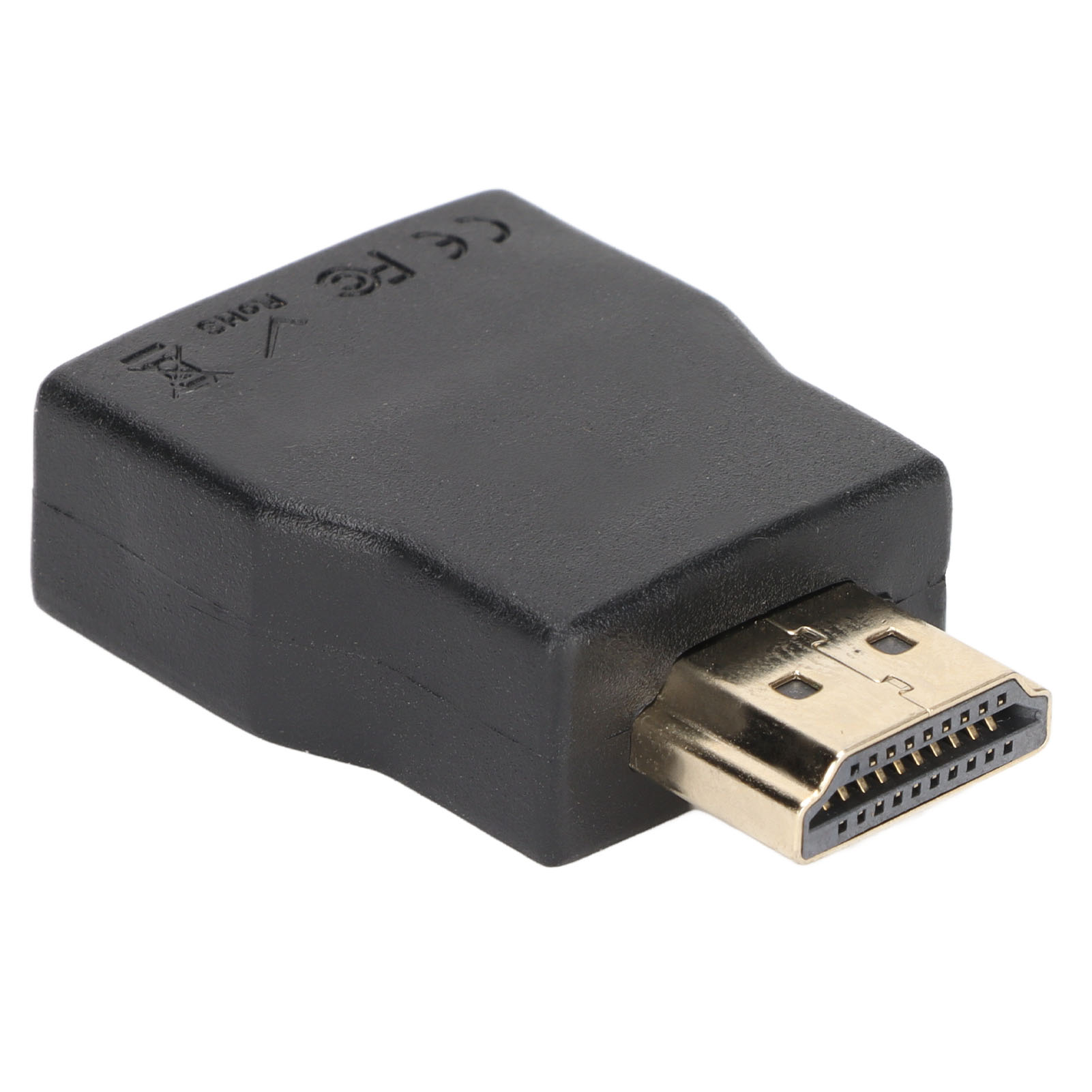 Ein schwarzer HDMI-Adapter mit einem goldfarbenen Stecker. Es hat eine rechteckige Form. Der Hintergrund ist weiß.