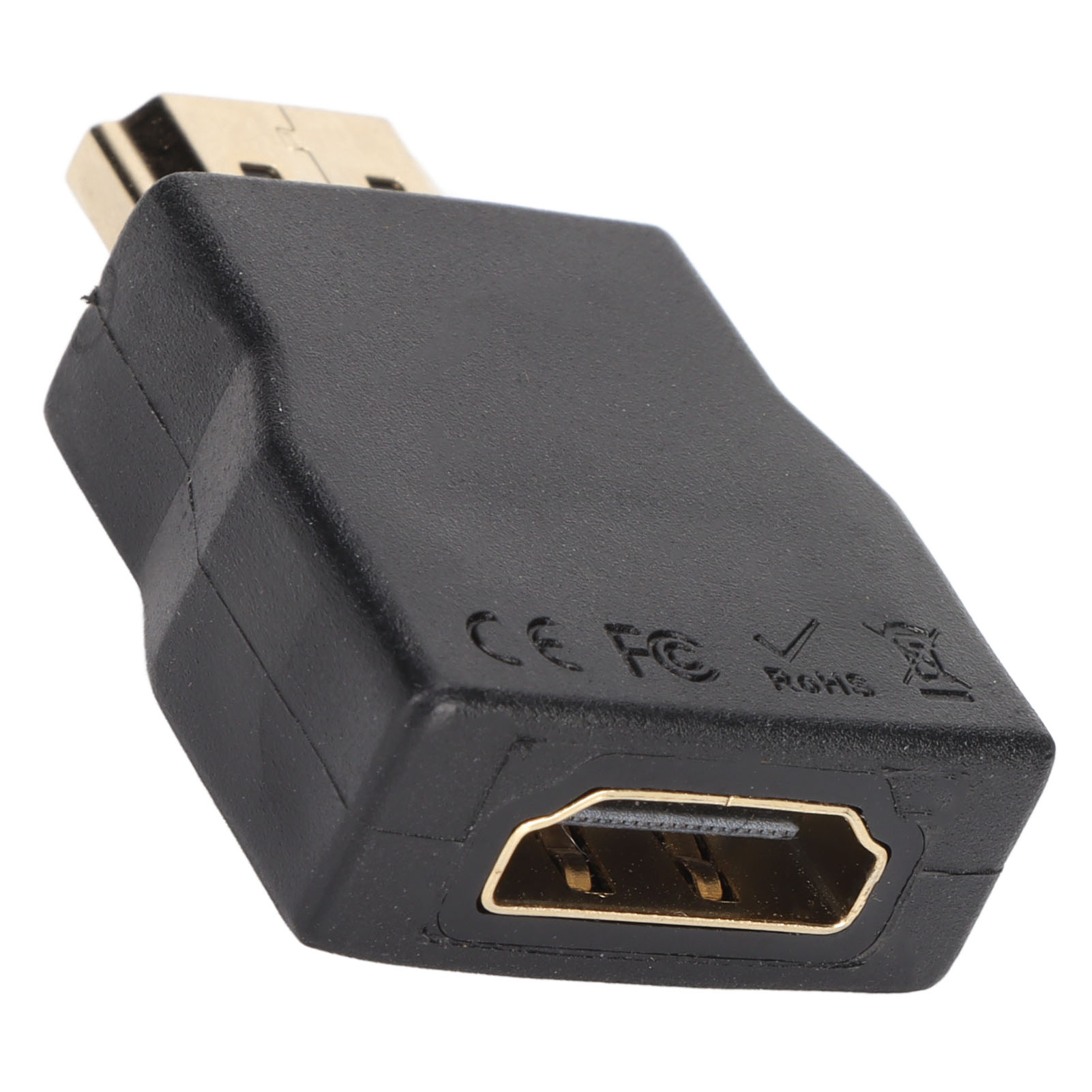 Ein schwarzer HDMI-zu-USB-Adapter. Er hat goldene Anschlüsse und ist mit CE-, FC- und RoHS-Symbolen versehen.