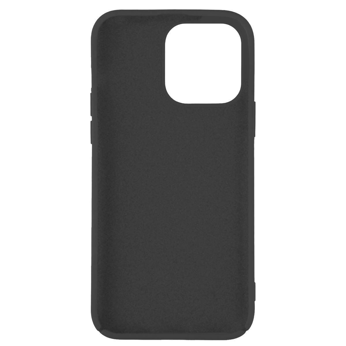 Una custodia per telefono nera, con un ritaglio per la fotocamera, appare su sfondo bianco. La custodia ha una superficie strutturata.