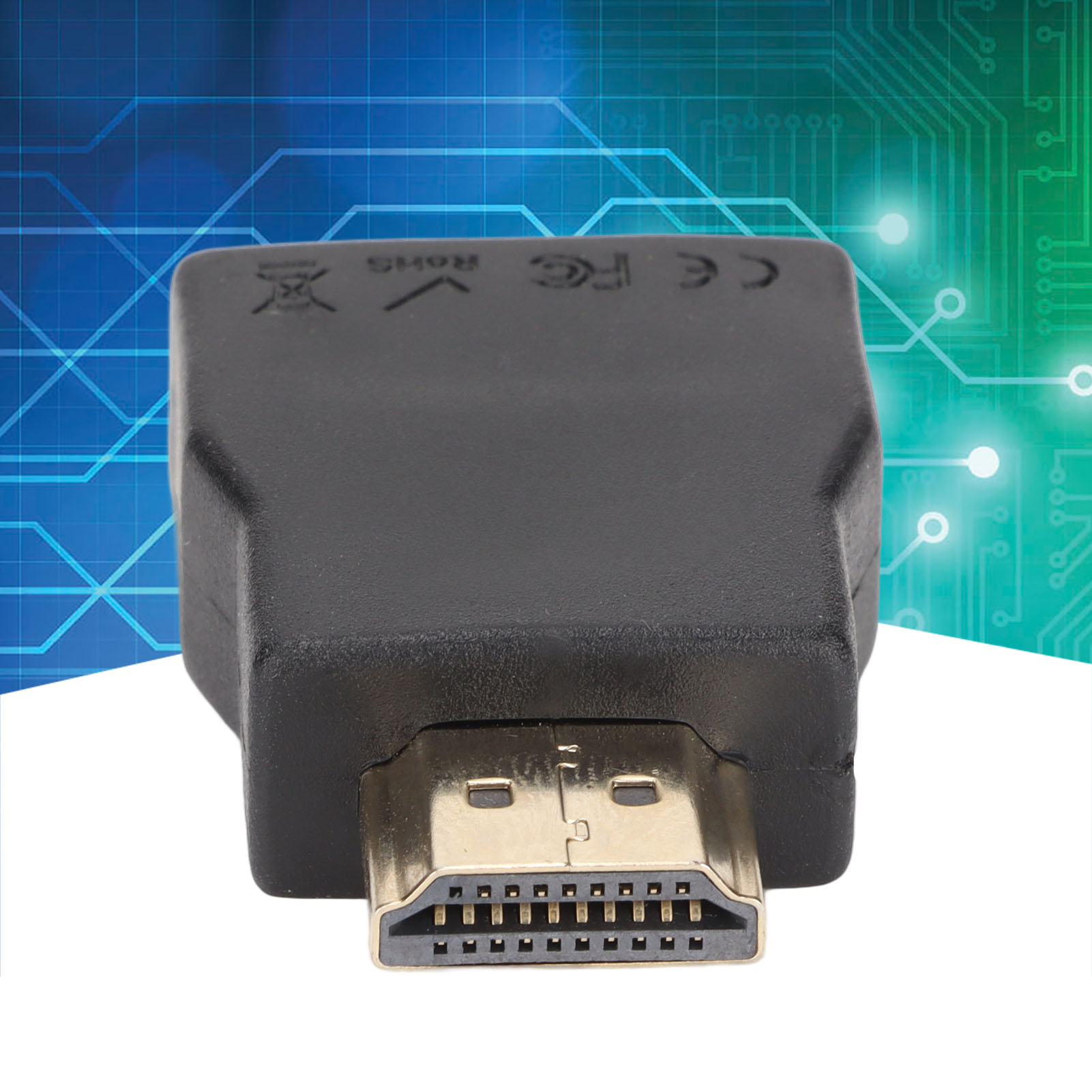 Ein schwarzer HDMI-Adapter mit goldfarbenem Stecker ist zentriert. Der Hintergrund ist ein Gradient aus Blau und Grün mit Leiterplattenlinien.