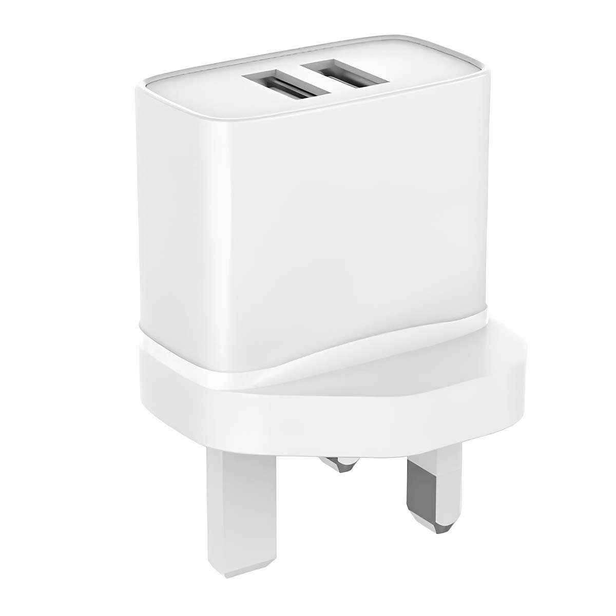 Un adattatore di alimentazione bianco del Regno Unito con due porte USB in alto. Ha una spina con tre pin in basso.