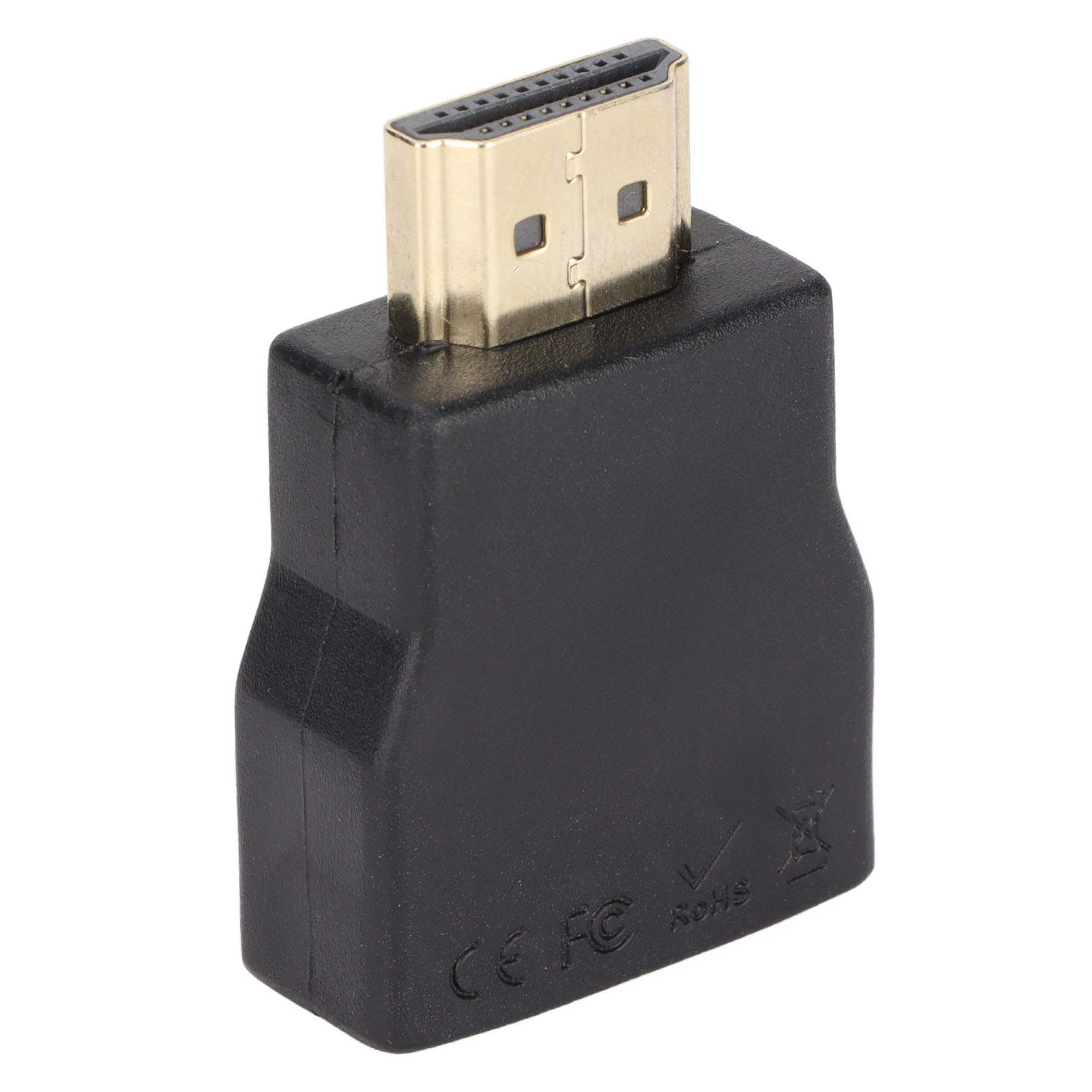 Ein schwarzer HDMI-Adapter mit einem goldfarbenen Stecker. Der Adapter befindet sich auf weißem Hintergrund.