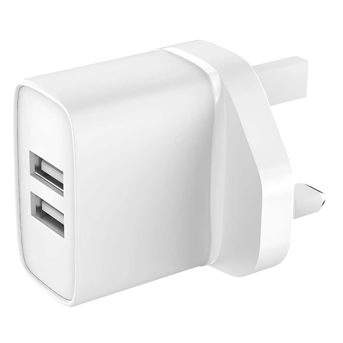 Un caricabatterie a spina britannica bianco con due porte USB. Il caricabatterie è bianco e ha una forma rettangolare, con una spina a tre pin.