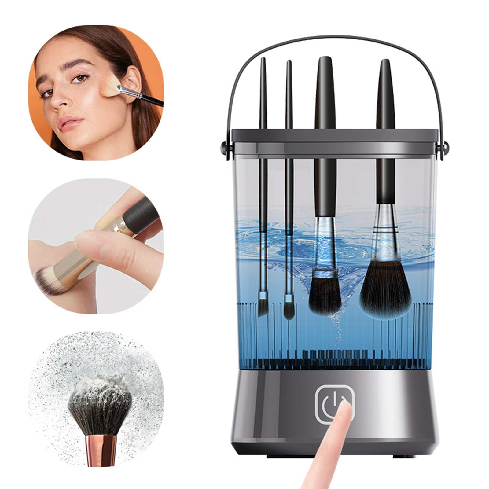 Make-up-Pinselreiniger mit Bürsten im Inneren, eine Frau, die Make-up aufträgt, und ein Pinsel mit losem Puder.