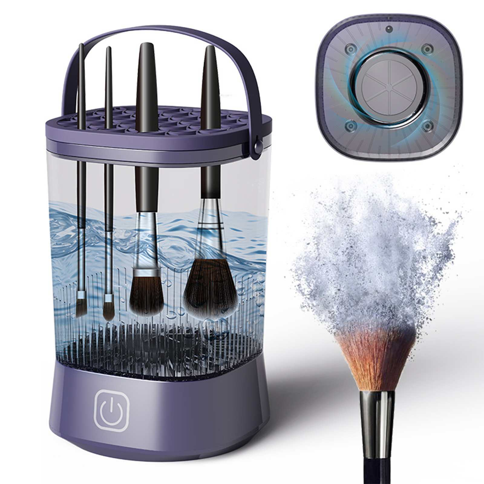 Make-up-Pinselreiniger mit Pinsel im Inneren. Ein Reinigungsgerät und ein Make-up-Pinsel mit herauskommendem Puder.