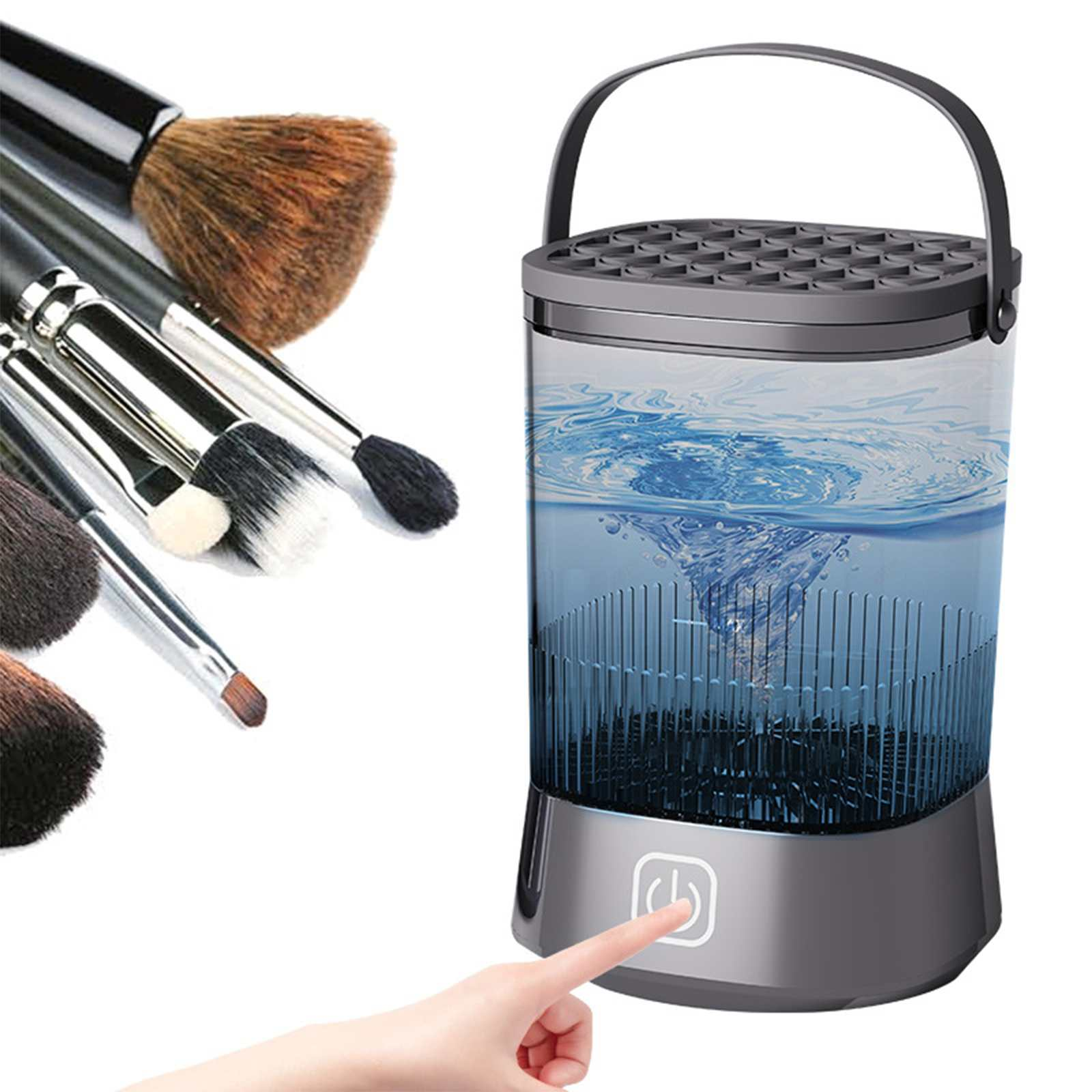 Ein Make-up-Pinselreiniger mit Pinseln links und einer Maschine mit Wasser und einer Hand, die den Einschaltknopf drückt.