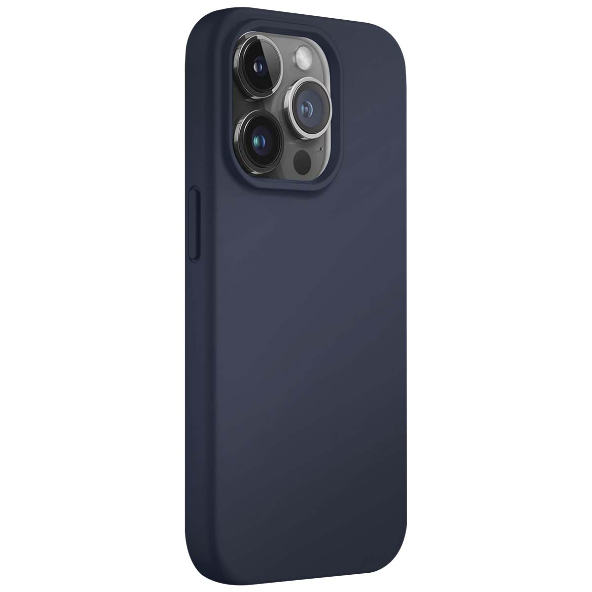 Una custodia per telefono blu scuro con lenti della fotocamera visibili. La custodia è liscia e ha angoli arrotondati.
