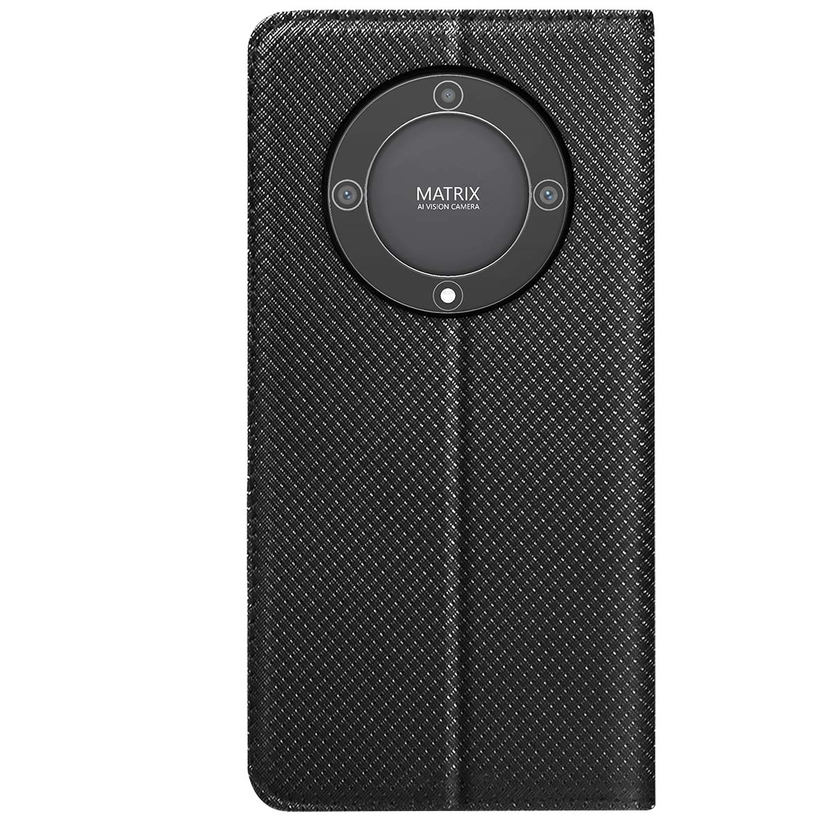 Custodia nera per telefono con un modulo fotocamera circolare. Il modulo riporta le parole "MATRIX" e "AI VISION CAMERA".