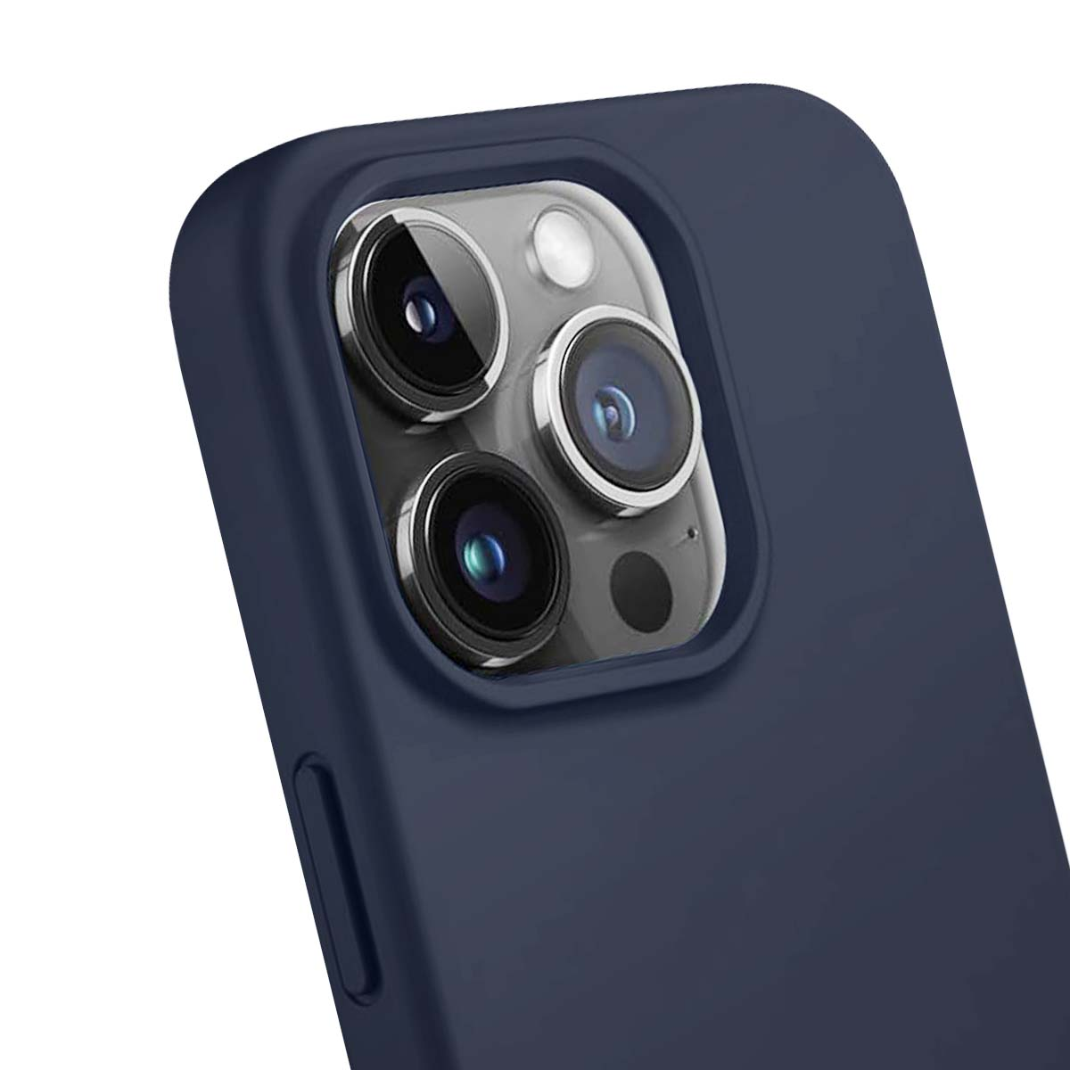 Primo piano di una custodia per telefono blu navy con più obiettivi. La custodia ha una consistenza liscia e bordi arrotondati.