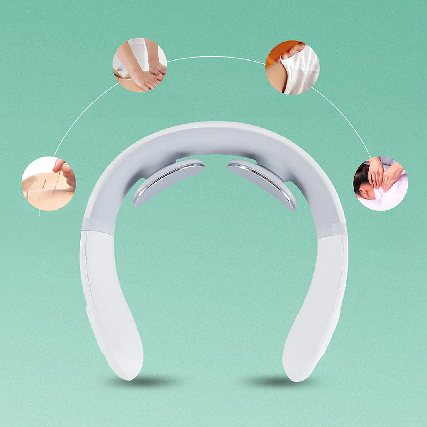 Un masajeador de cuello con cuatro imágenes circulares que muestran masajes y acupuntura. El masajeador es blanco y gris sobre un fondo verde azulado.