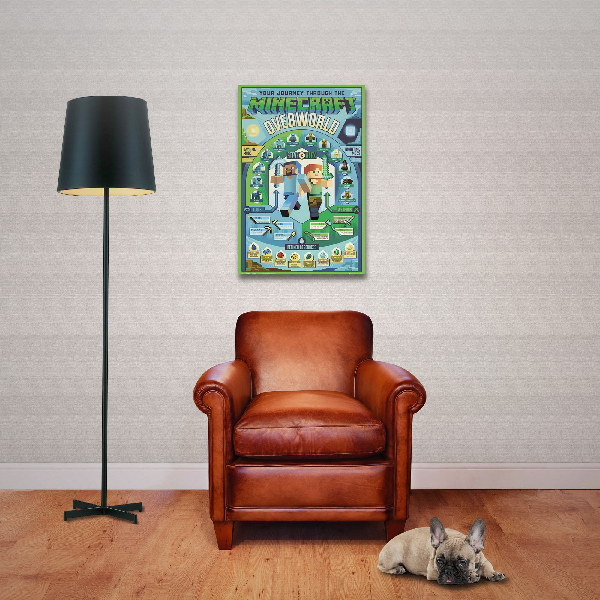 Ein Raum mit einem Minecraft-Poster, einem braunen Ledersessel, einer Stehlampe, einem Holzboden und einem Hund, der auf dem Boden liegt.