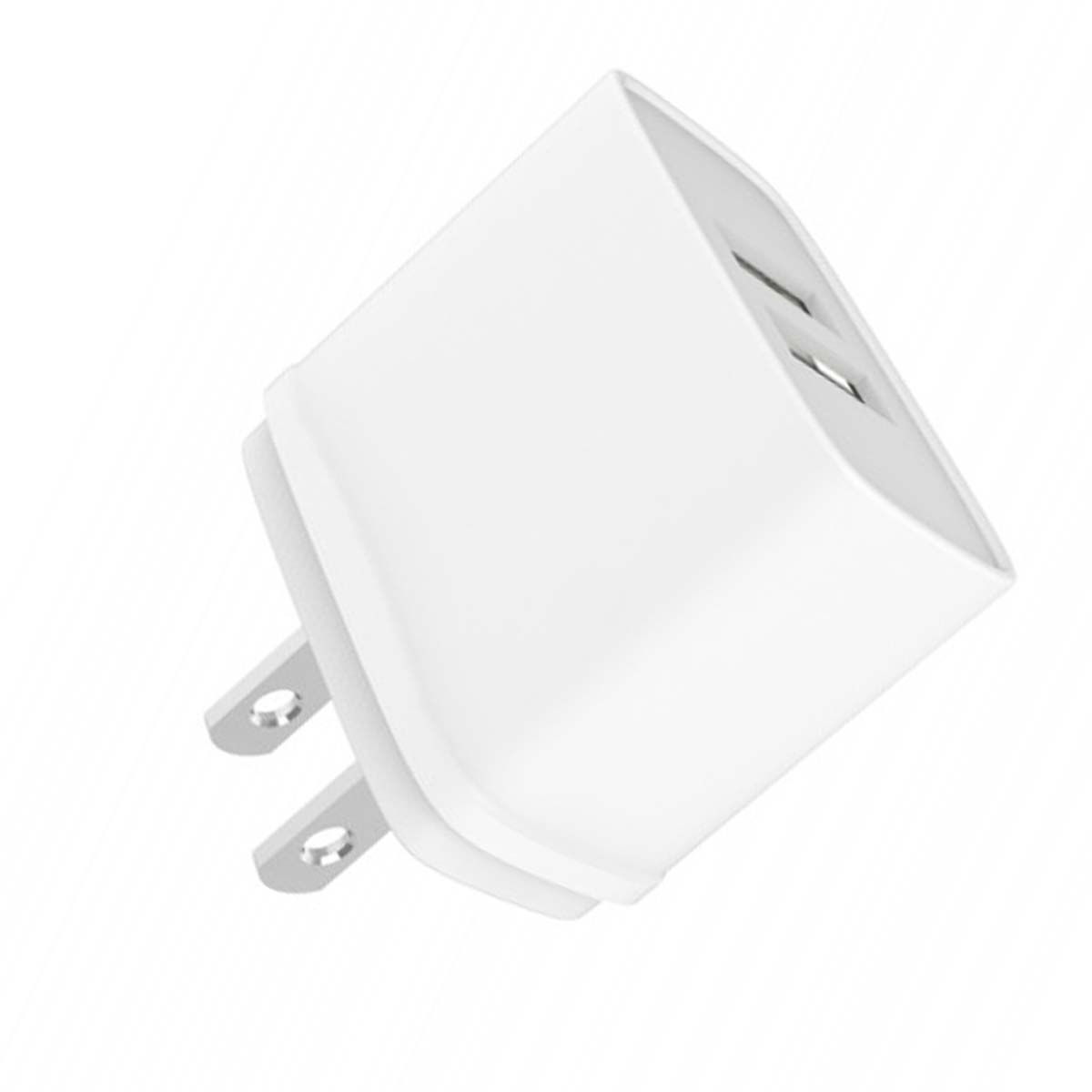 Un caricabatterie da parete USB bianco con due porte, angolato su sfondo bianco. I connettori sono argentati.