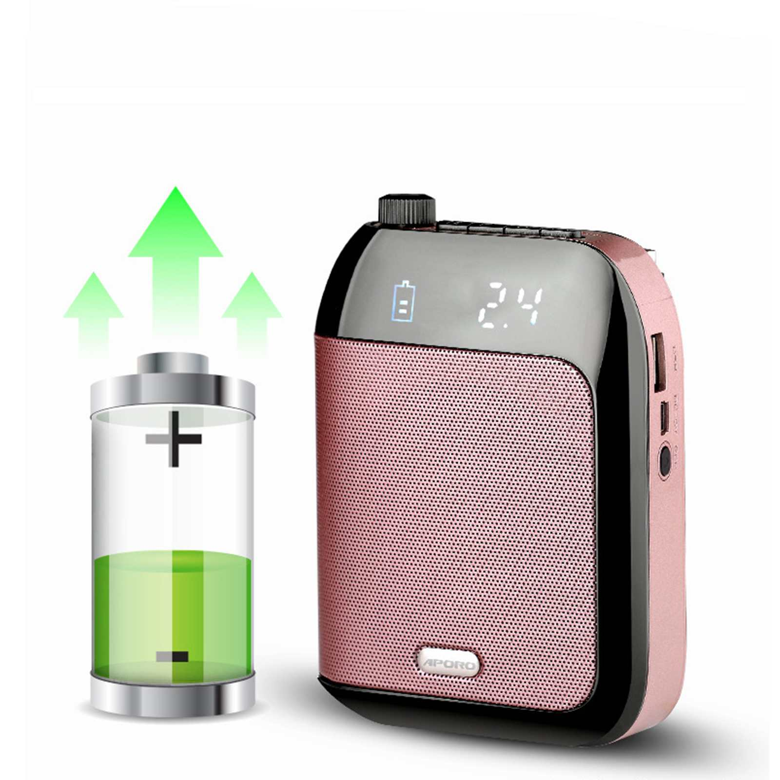 Ein rosa Lautsprecher mit digitaler Anzeige 2.4, einem Batteriesymbol und einer Ladeanzeige. Eine Batterie wird geladen.