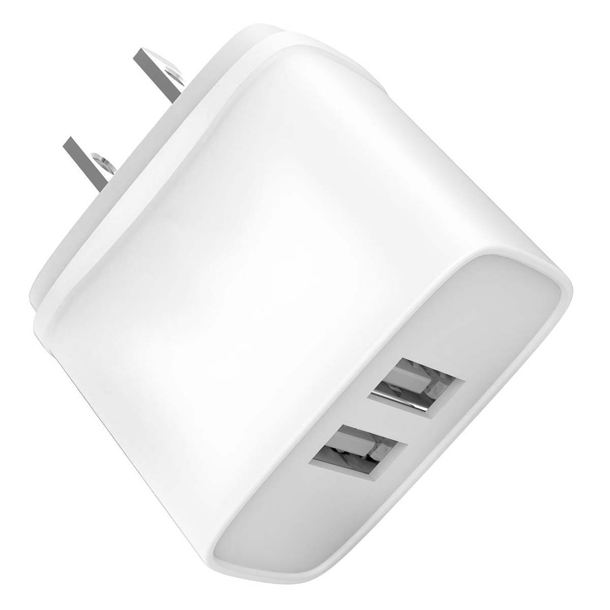 Un caricatore USB bianco con due porte è mostrato in diagonale. Due spine in alto e due porte USB in basso.
