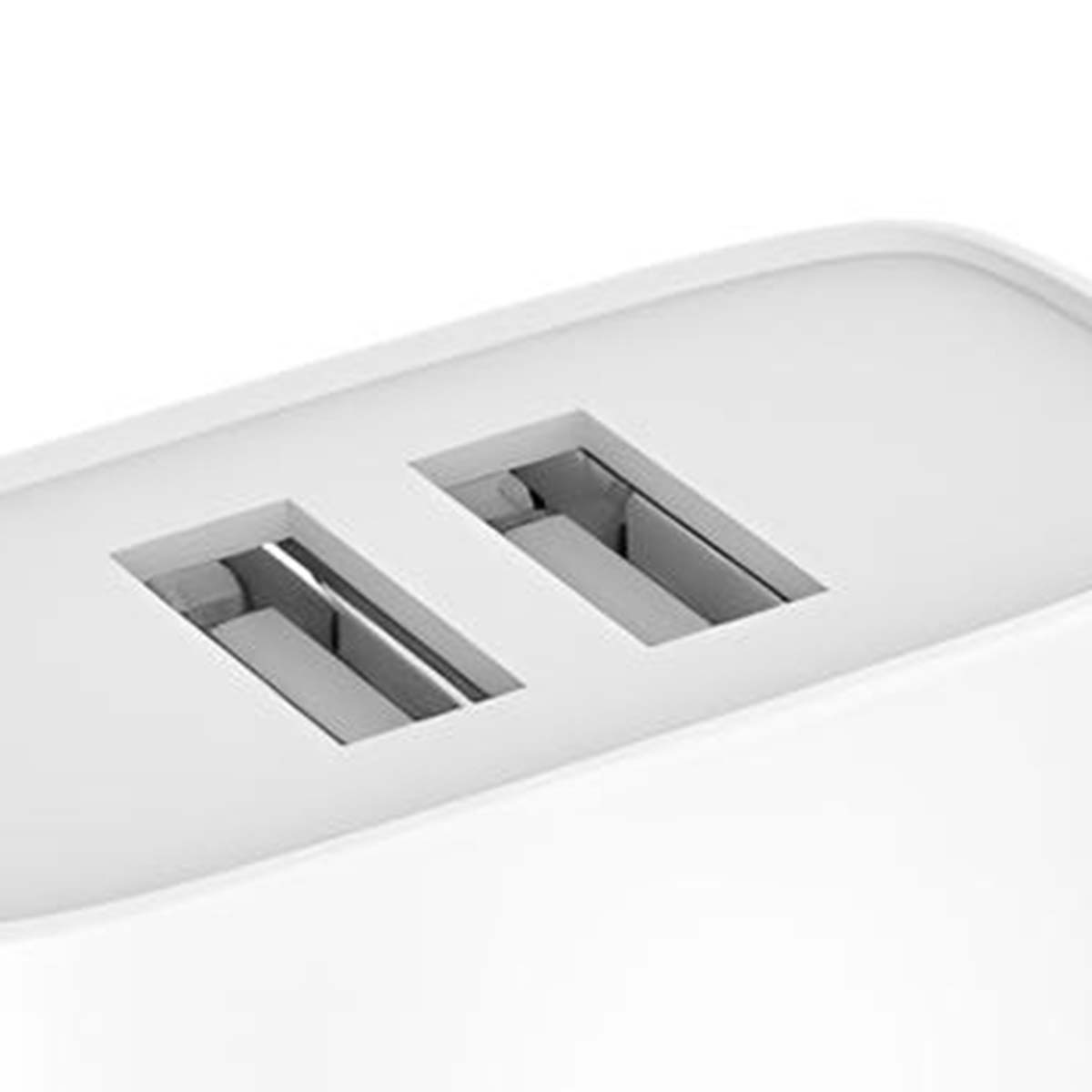 Primo piano di un oggetto bianco con due fessure rettangolari. Le fessure hanno interni metallici e sono inserite in una superficie curva.
