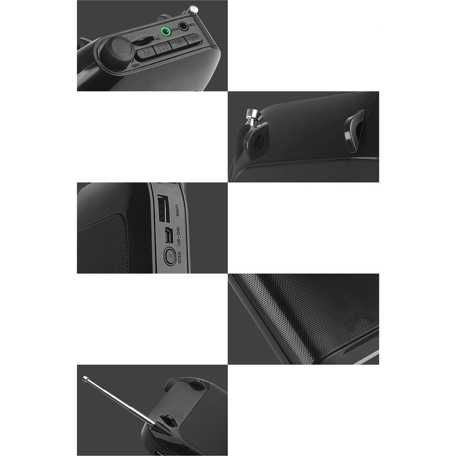 Schwarzer tragbarer Lautsprecher mit Bedienfeld, USB-Anschluss und Antenne. Verfügt über einen Lautstärkeregler, Funktionstasten und ein Lautsprechergitter.