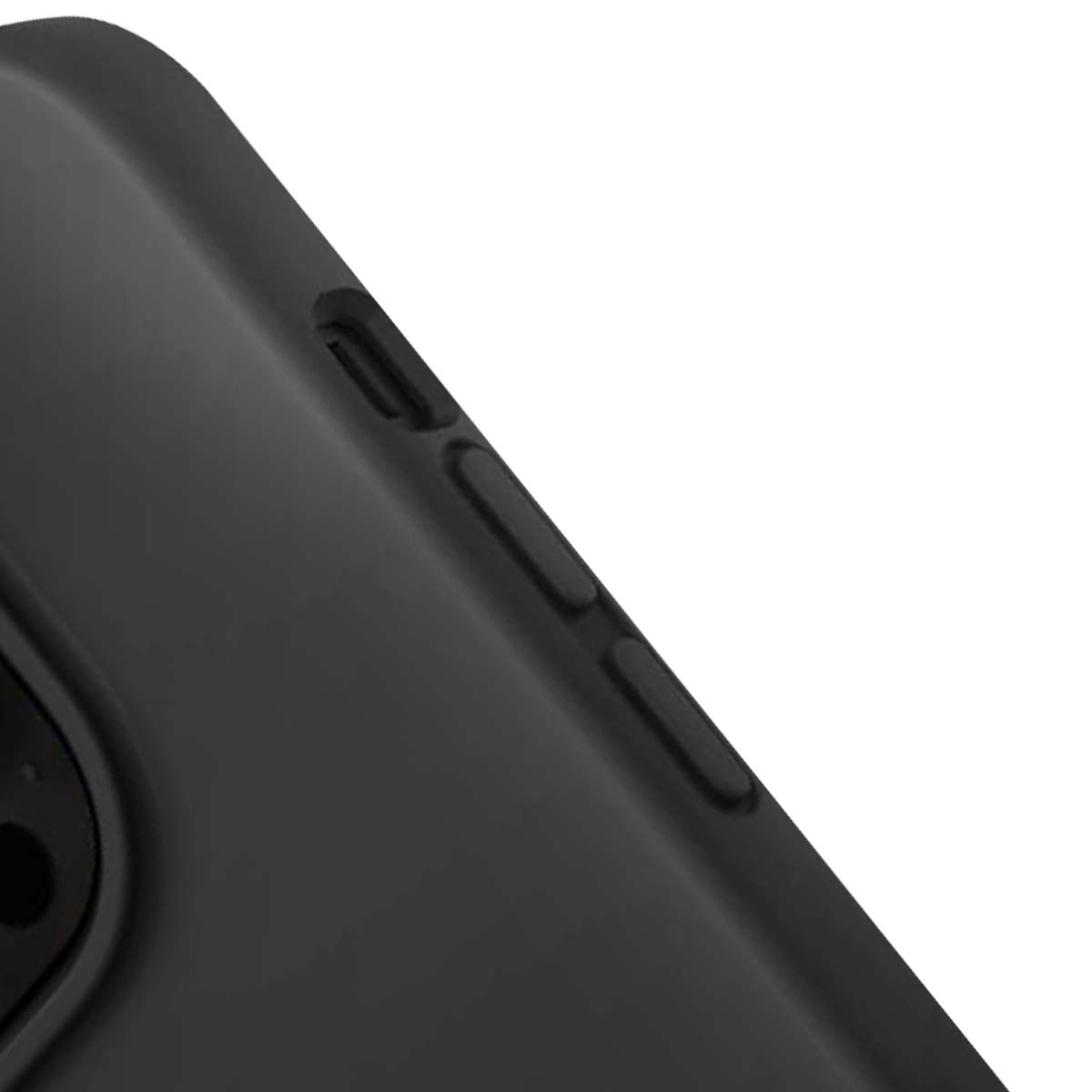 Primo piano di una custodia nera per telefono. I pulsanti sono visibili sul lato. Lo sfondo è bianco.