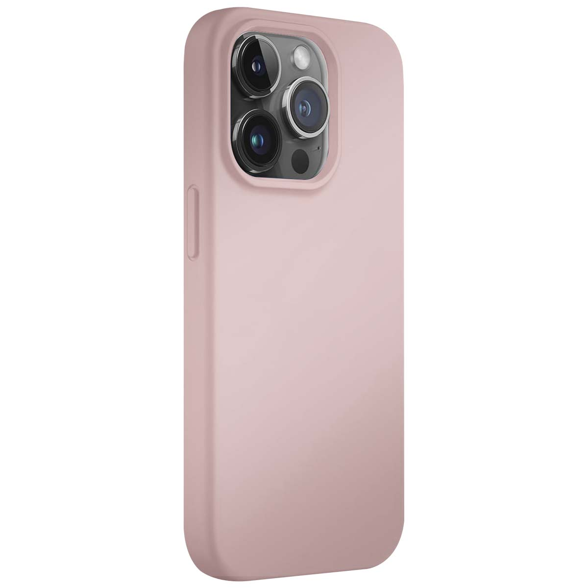 Viene mostrata una custodia rosa per telefono. La custodia ha un ritaglio per la fotocamera con tre lenti. Si trova su uno sfondo bianco.