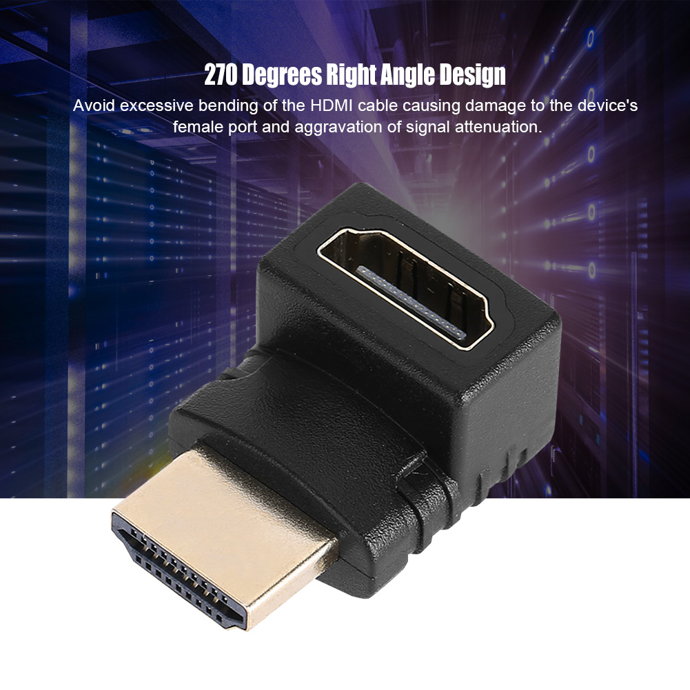 Schwarzer HDMI-Adapter mit Goldsteckern. Text: 270 Grad Winkel. Vermeiden Sie das Biegen des Kabels, um Schäden und Signalverluste zu vermeiden.