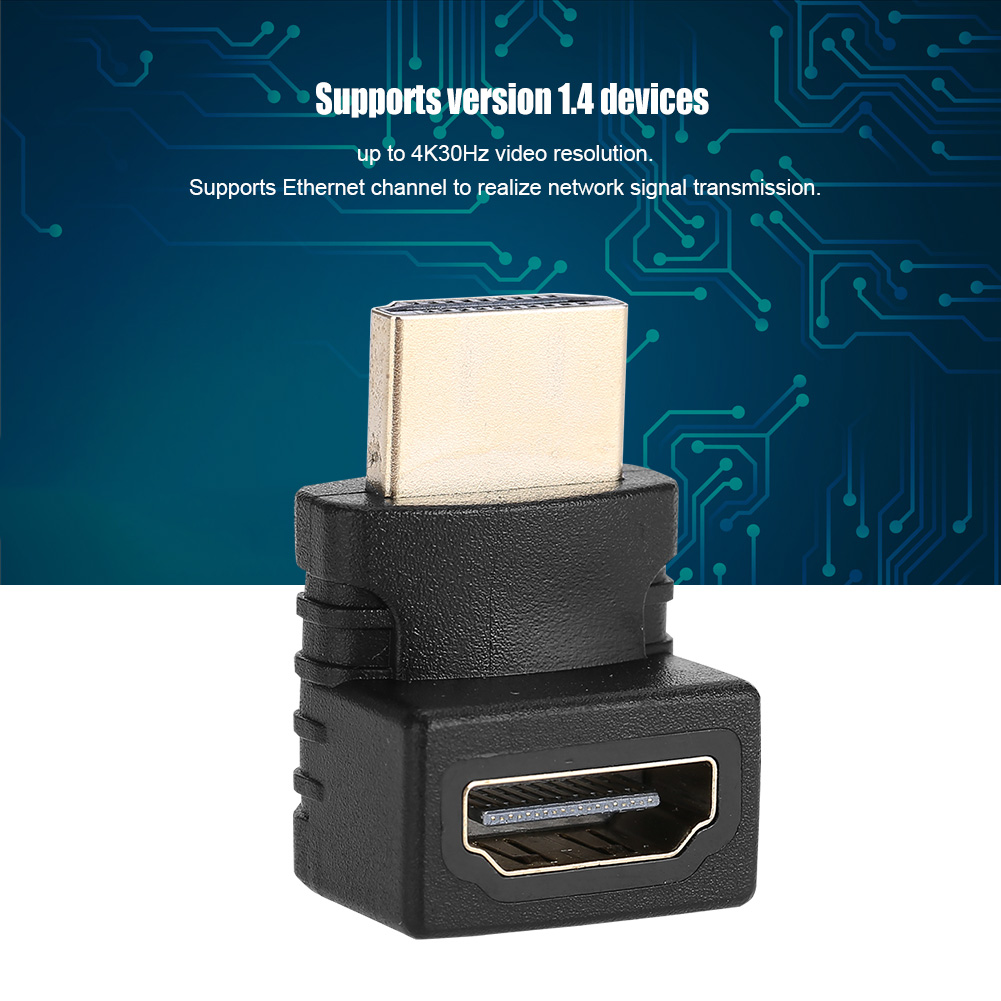 Schwarzer HDMI-Adapter mit Goldanschluss. Er befindet sich auf blauem Grund mit weißem Text über die Funktionen des Geräts.