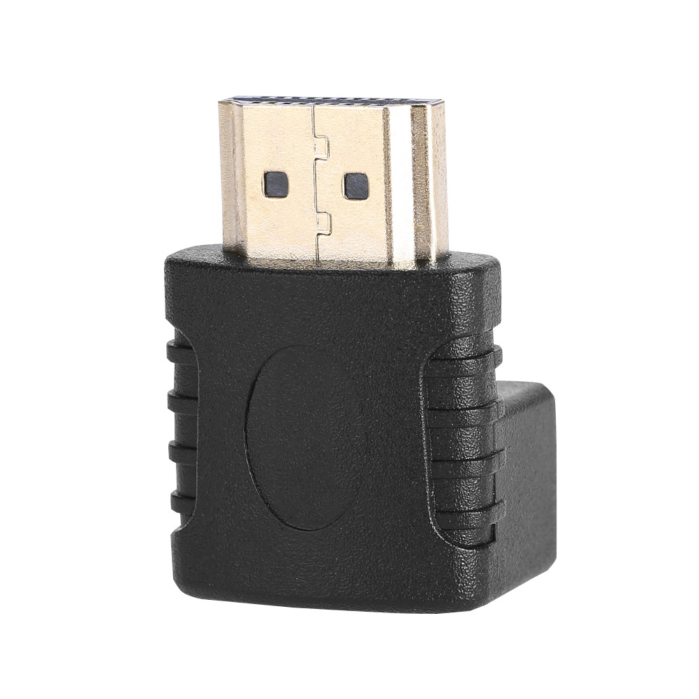 Ein HDMI-Adapter mit einem goldfarbenen Stecker und einem schwarzen Kunststoffgehäuse. Der Adapter befindet sich auf weißem Hintergrund.