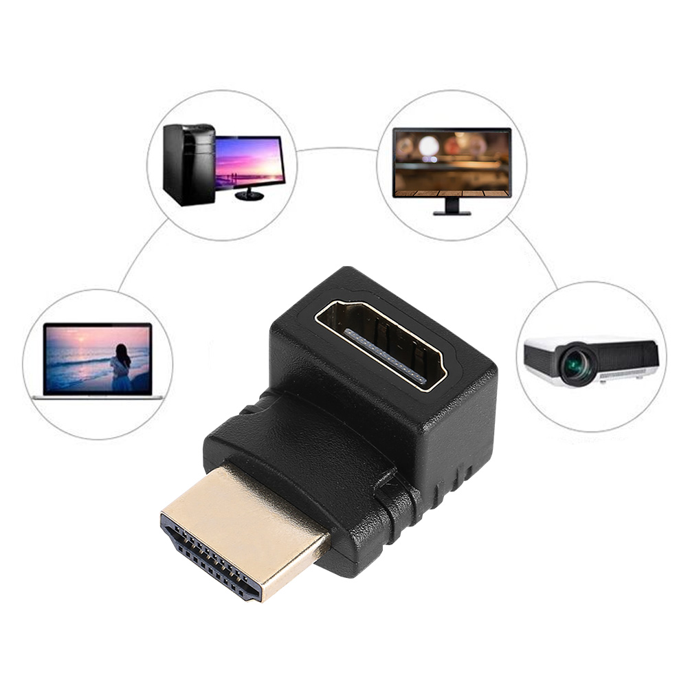 Schwarzer HDMI-Adapter mit Goldstecker, umgeben von Bildern eines Computers, Monitors, Laptops, Projektors und Displays.