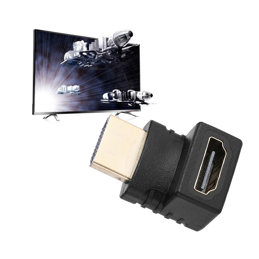 Ein HDMI-Adapter ist nach rechts abgewinkelt, mit einem Fernseher, der Raumschiffe im Hintergrund zeigt. Weißer Hintergrund.