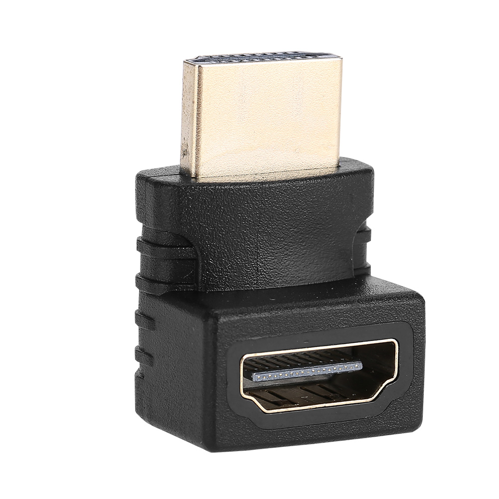 Ein HDMI-Adapter mit goldfarbenem Stecker und schwarzem Kunststoffgehäuse. Der Adapter ist abgewinkelt.