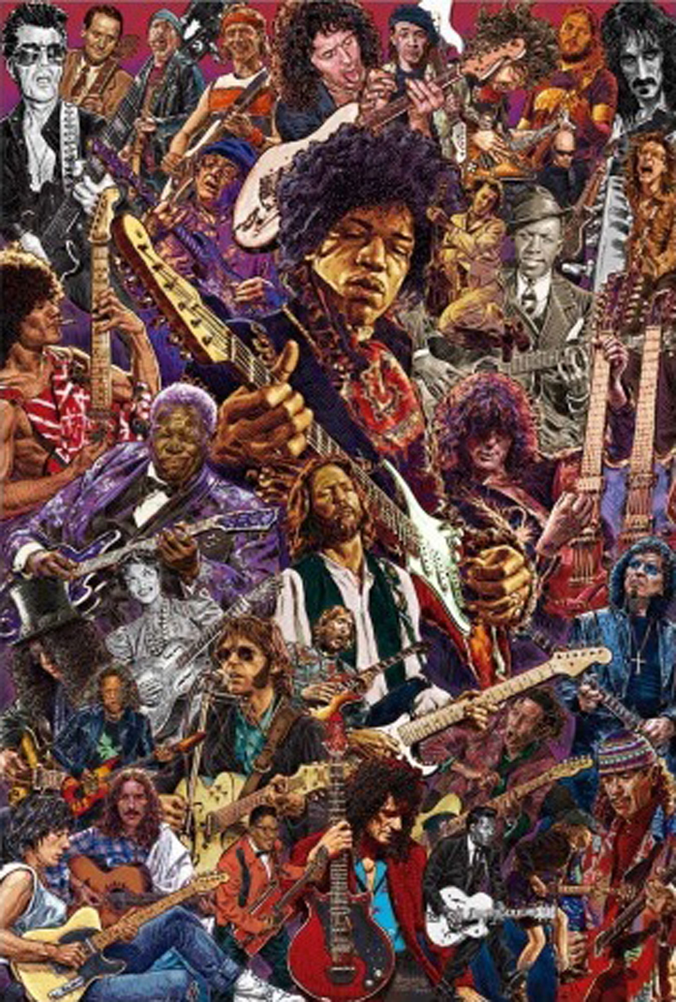 Eine Collage von Musikern, viele halten Gitarren. Prominente Figuren sind Jimi Hendrix, B.B. King und andere, alle treten auf.