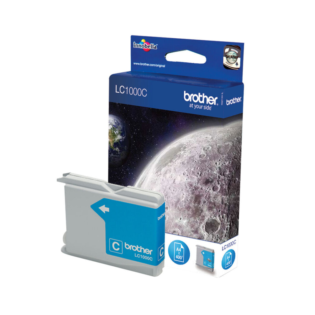 Eine Brother LC1000C Tintenpatrone steht vor ihrer Verpackung. Die Verpackung hat eine Weltraumszene und trägt die Aufschrift 'brother' und 'LC1000C'.