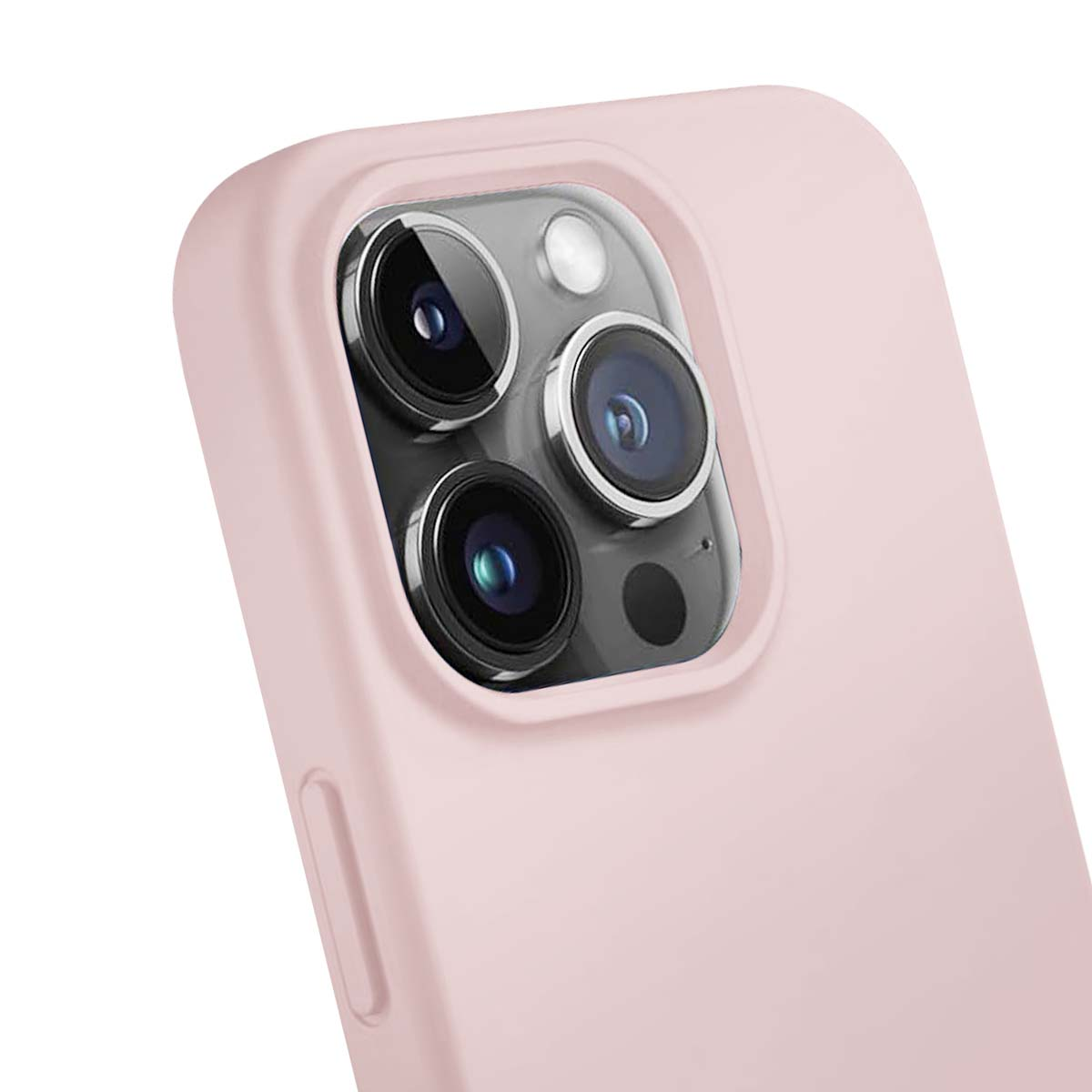Primo piano di una custodia rosa per telefono con tre obiettivi. Gli obiettivi sono neri e argentati. La custodia è rosa chiaro.